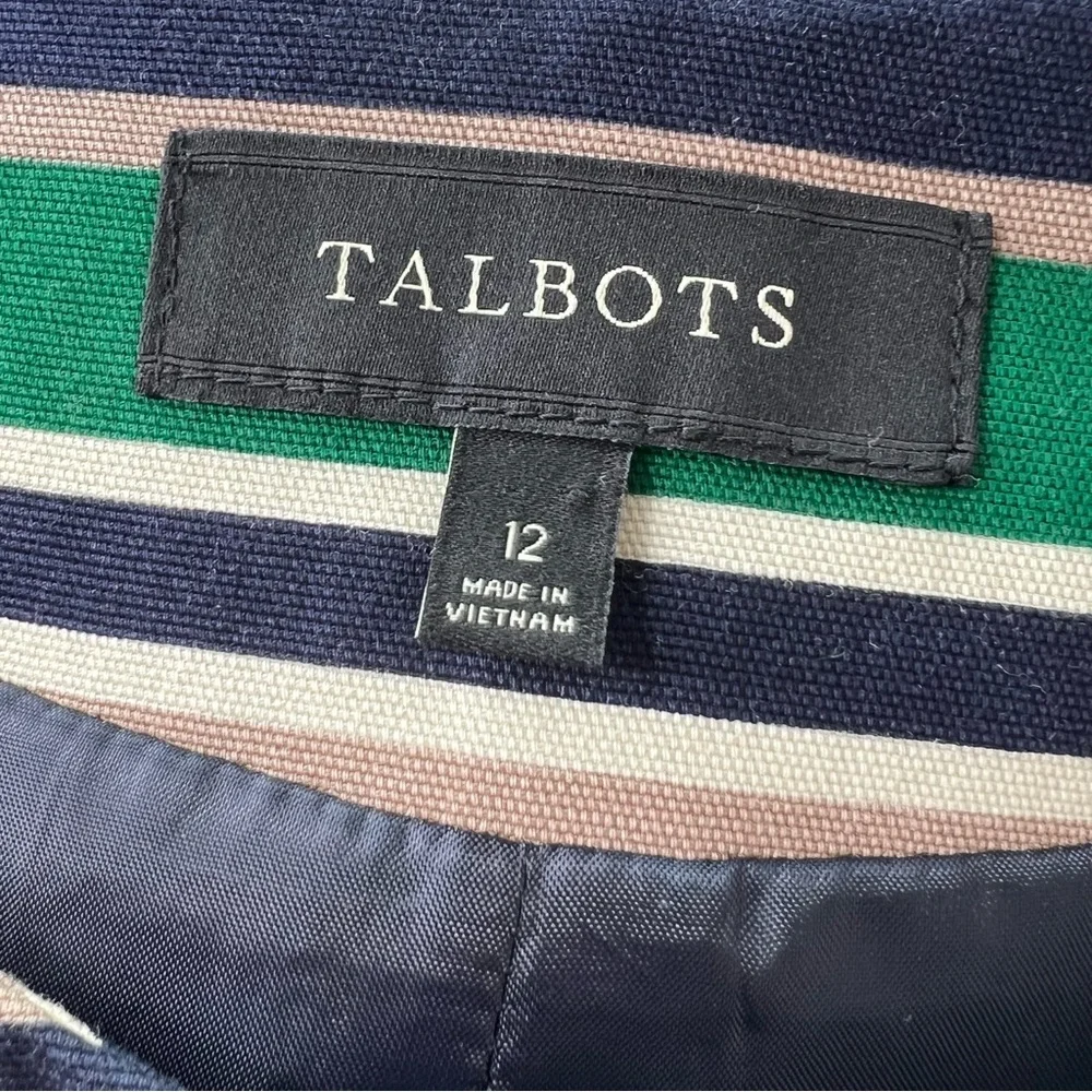 Talbots Navy Blue & Green Striped Cotton Collarless 3/4 Sleeve Blazer Jacket - Picture 10 of 11